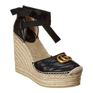 Gucci Gg Leather Platform Wedge Espadrille, Black